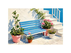 mediterranean bench Canvas Print coastal blue white canvas floral decor