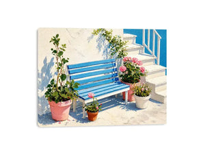 mediterranean bench Canvas Print coastal blue white canvas floral decor