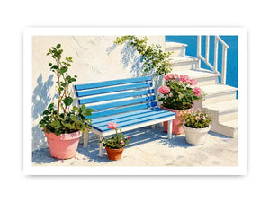 mediterranean bench Canvas Print coastal blue white canvas floral decor