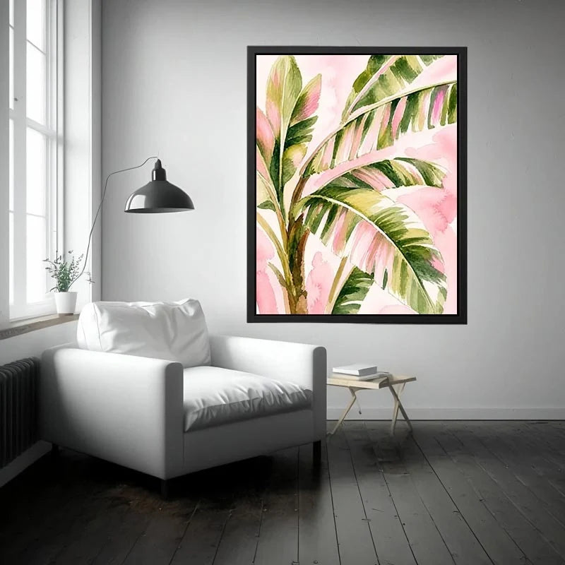 tropical palm leaves Canvas Print in blush pink and green watercolor style elegant botanical canvas