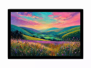 colorful landscape meadow Canvas Print canvas with rolling hills pink sky valley nature painting