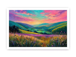 colorful landscape meadow Canvas Print canvas with rolling hills pink sky valley nature painting