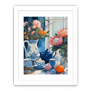 floral still life Canvas Print canvas with blue porcelain teapot protea flowers and window light kitchen decor