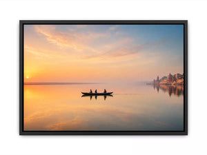 minimalist river boat Canvas Print canvas with sunrise reflection calm water landscape