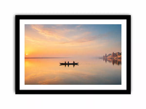 minimalist river boat Canvas Print canvas with sunrise reflection calm water landscape