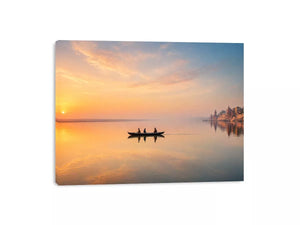 minimalist river boat Canvas Print canvas with sunrise reflection calm water landscape