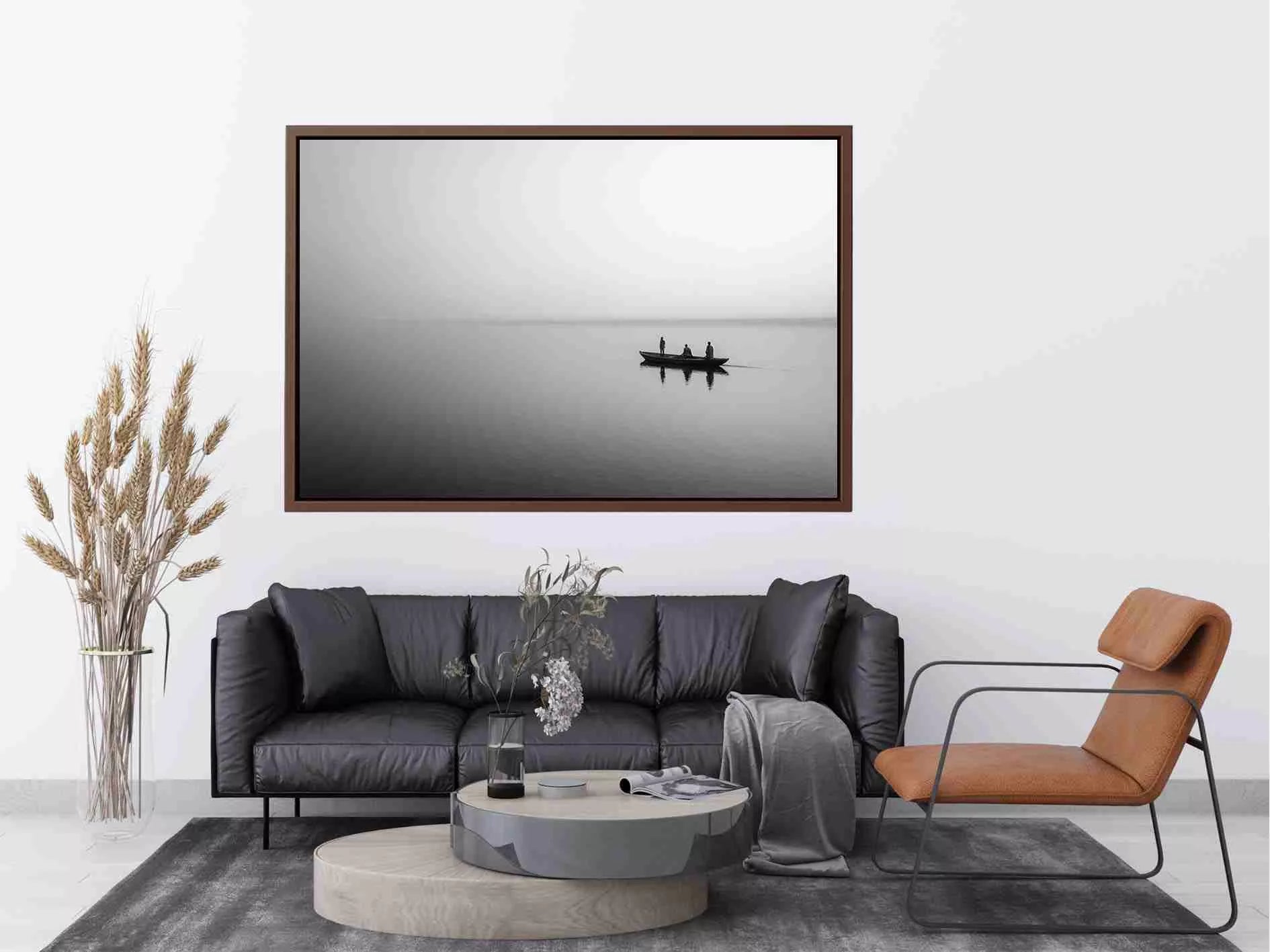 black and white minimalist river boat wall art canvas photogrpahy calm water landscape for living room decor