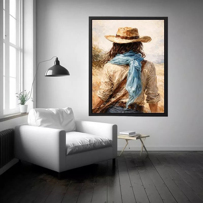 Western cowboy woman with hat rustic canvas Canvas Print
