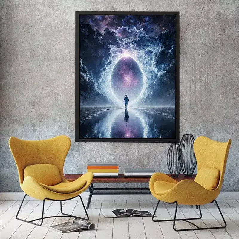 surreal cosmic portal Canvas Print canvas with galaxy sky reflection and silhouette figure modern abstract decor