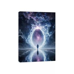 surreal cosmic portal Canvas Print canvas with galaxy sky reflection and silhouette figure modern abstract decor