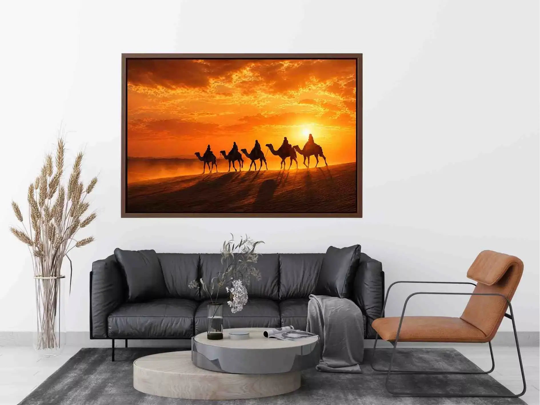 desert caravan wall art canvas camel silhouette sunset landscape minimal warm tones elegant decor