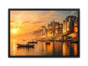 sunset and boat in the Ganga river varanasi india