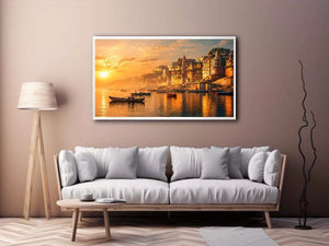sunset and boat in the Ganga river varanasi india