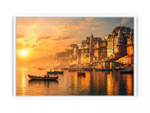 sunset and boat in the Ganga river varanasi india