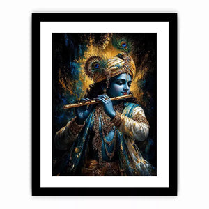 Classic Krishna Flute Portrait with Golden Ornament Detail – Spiritual Canvas Print Canvas