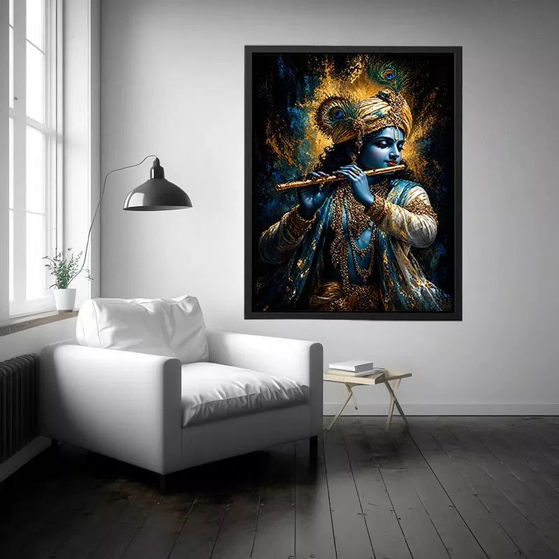 Classic Krishna Flute Portrait with Golden Ornament Detail – Spiritual Canvas Print Canvas