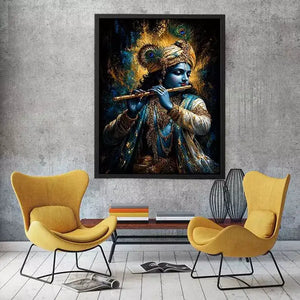Classic Krishna Flute Portrait with Golden Ornament Detail – Spiritual Canvas Print Canvas