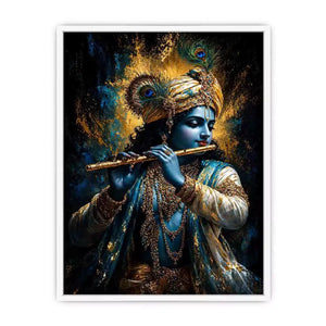 Classic Krishna Flute Portrait with Golden Ornament Detail – Spiritual Canvas Print Canvas
