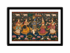 Indian miniature Krishna Raas Leela painting with gopis dancing, lotus pond, traditional spiritual Canvas Print canvas