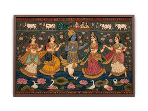 Indian miniature Krishna Raas Leela painting with gopis dancing, lotus pond, traditional spiritual Canvas Print canvas