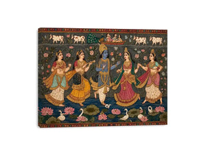 Indian miniature Krishna Raas Leela painting with gopis dancing, lotus pond, traditional spiritual Canvas Print canvas