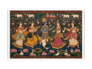 Indian miniature Krishna Raas Leela painting with gopis dancing, lotus pond, traditional spiritual Canvas Print canvas