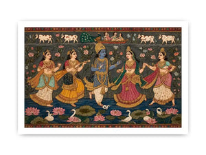 Indian miniature Krishna Raas Leela painting with gopis dancing, lotus pond, traditional spiritual Canvas Print canvas
