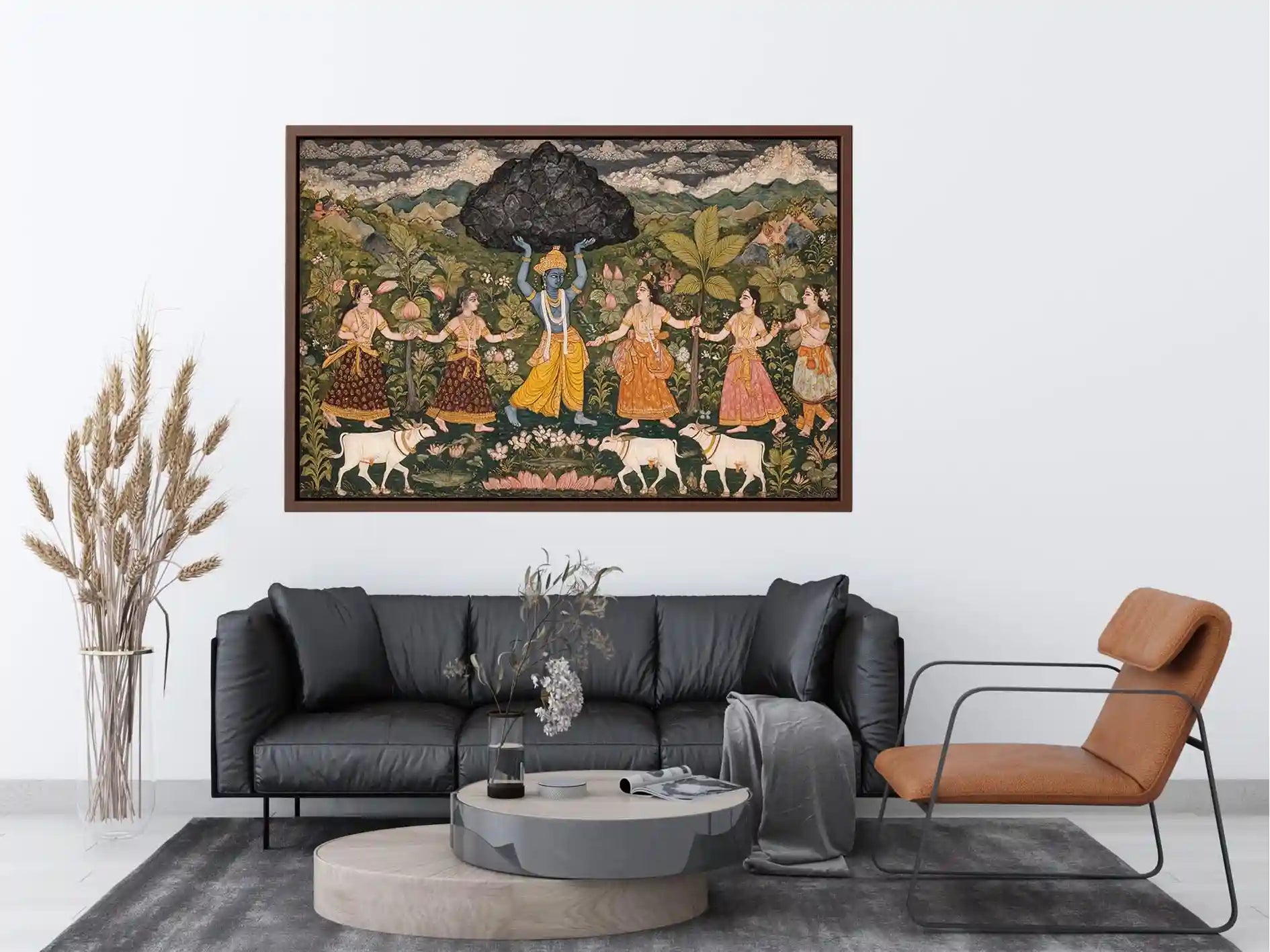Luxury Krishna Govardhan painting canvas wall art for living room decor USA premium traditional Indian mythology artwork