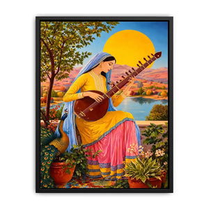 Indian woman playing sitar sunset Canvas Print boho colorful cultural canvas decor