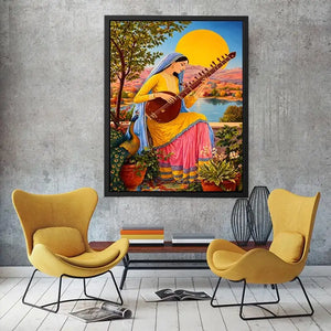 Indian woman playing sitar sunset Canvas Print boho colorful cultural canvas decor