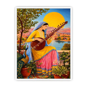 Indian woman playing sitar sunset Canvas Print boho colorful cultural canvas decor