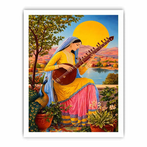 Indian woman playing sitar sunset Canvas Print boho colorful cultural canvas decor