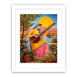 Indian woman playing sitar sunset Canvas Print boho colorful cultural canvas decor