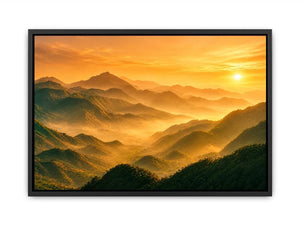 misty mountain landscape sunrise golden light layered hills nature Canvas Print canvas decor
