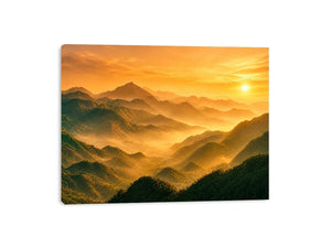 misty mountain landscape sunrise golden light layered hills nature Canvas Print canvas decor