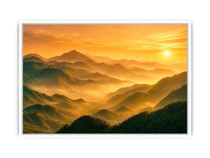 misty mountain landscape sunrise golden light layered hills nature Canvas Print canvas decor