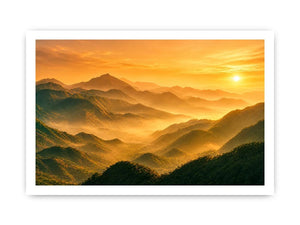 misty mountain landscape sunrise golden light layered hills nature Canvas Print canvas decor