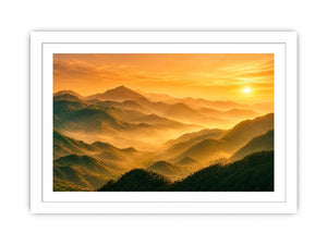 misty mountain landscape sunrise golden light layered hills nature Canvas Print canvas decor