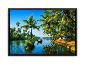 kerala backwaters Canvas Print tropical river palm trees boat serene landscape canvas decor