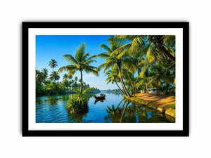 kerala backwaters Canvas Print tropical river palm trees boat serene landscape canvas decor