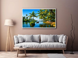 kerala backwaters Canvas Print tropical river palm trees boat serene landscape canvas decor