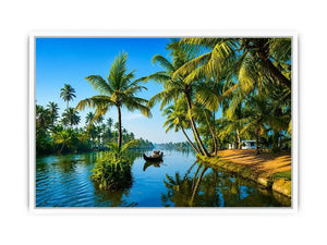 kerala backwaters Canvas Print tropical river palm trees boat serene landscape canvas decor