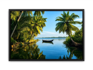 Kerala backwaters boat reflection tropical palm trees serene luxury coastal Canvas Print Canvas Print
