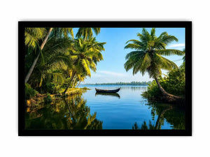 Kerala backwaters boat reflection tropical palm trees serene luxury coastal Canvas Print Canvas Print