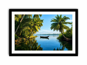 Kerala backwaters boat reflection tropical palm trees serene luxury coastal Canvas Print Canvas Print