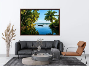 Kerala backwaters boat reflection tropical palm trees serene luxury coastal Canvas Print Canvas Print