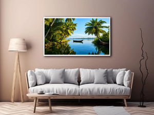Kerala backwaters boat reflection tropical palm trees serene luxury coastal Canvas Print Canvas Print