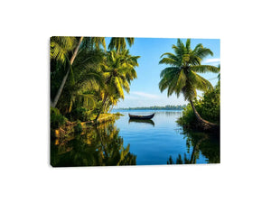Kerala backwaters boat reflection tropical palm trees serene luxury coastal Canvas Print Canvas Print