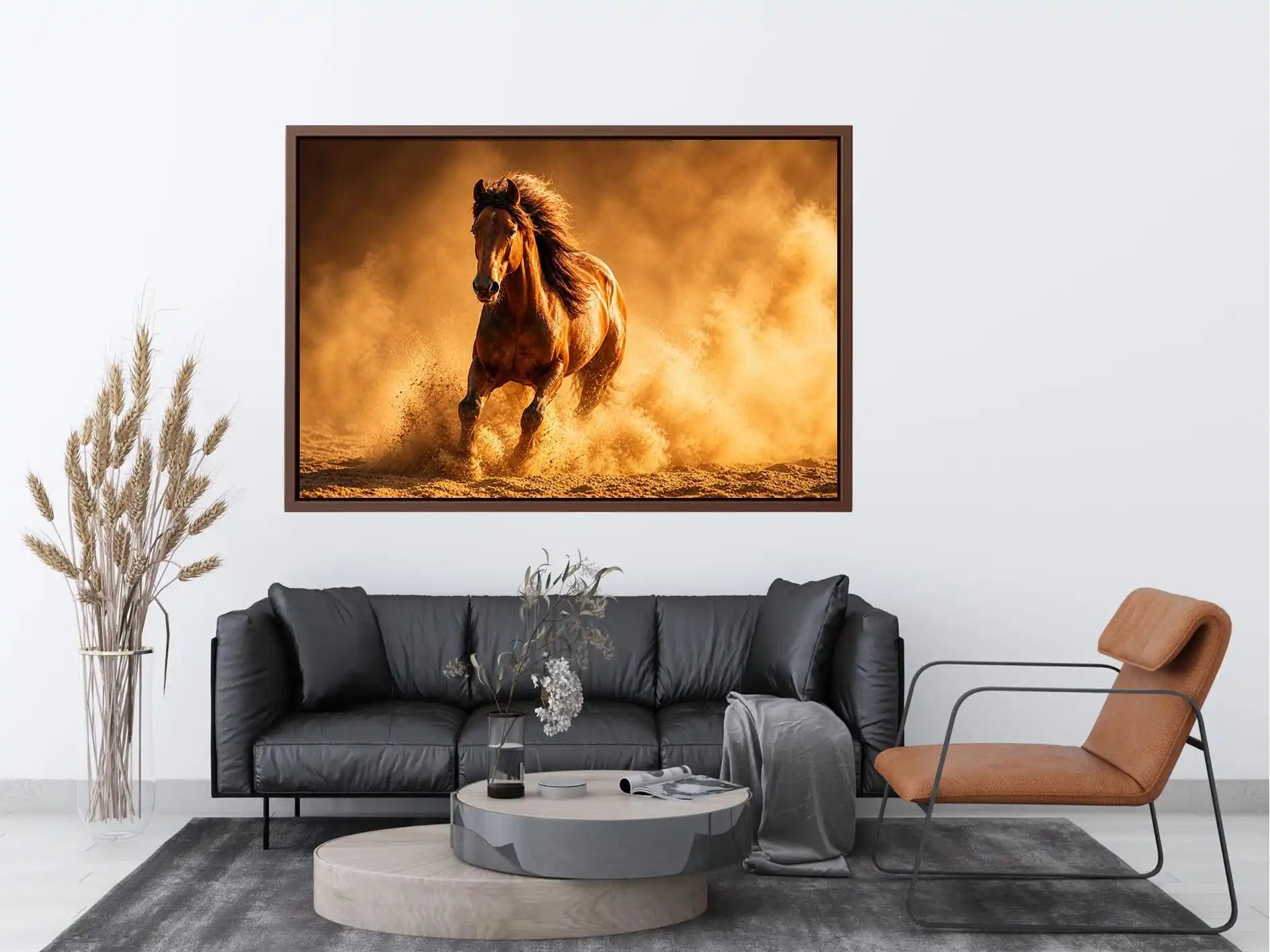 running horse desert dust golden light powerful animal Canvas Print canvas