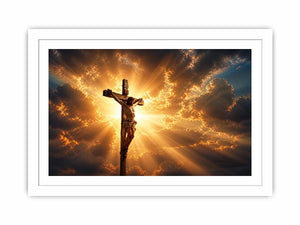 Jesus on the cross illuminated by heavenly golden light with dramatic clouds Christian wall art canvas print